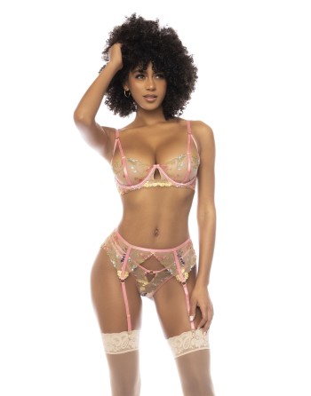 Ensemble 3 pièces avec dentelle brodée florale, soutien gorge avec armatures, porte jarretelles et string assorti 