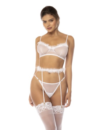 Ensemble 3 pièces blanc Emmie, soutien gorge, porte jarretelles avec fausse fourrure et string assorti 