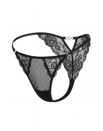 Tanga noir en dentelle avec bijou losanges dorés