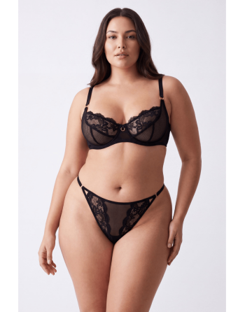 Tanga noir en dentelle avec bijou losanges dorés