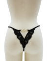 Tanga noir en dentelle avec bijou losanges dorés