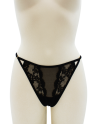 Tanga noir en dentelle avec bijou losanges dorés