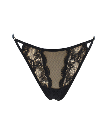 Tanga noir en dentelle avec bijou losanges dorés