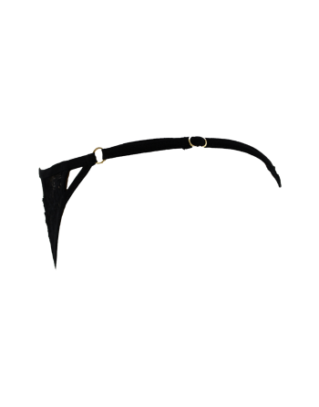 Tanga noir en dentelle avec bijou losanges dorés
