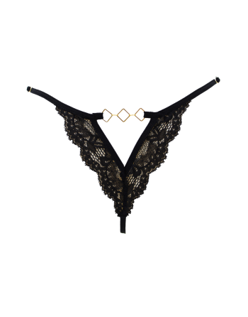 Tanga noir en dentelle avec bijou losanges dorés
