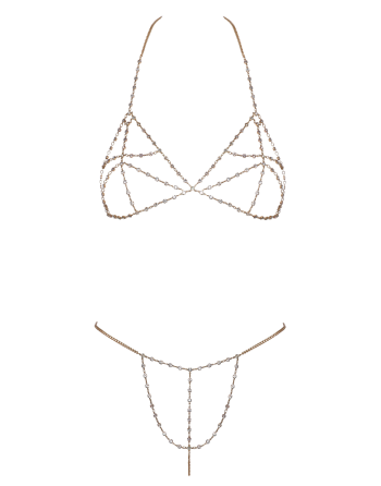 Soutien-gorge et string bijoux en chaînettes dorées et strass irisés 