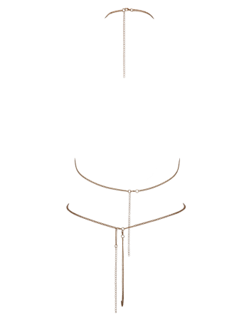 Soutien-gorge et string bijoux en chaînettes dorées et strass irisés 