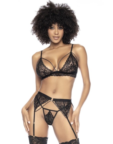 Ensemble 3 pièces en fine dentelle florale noire 