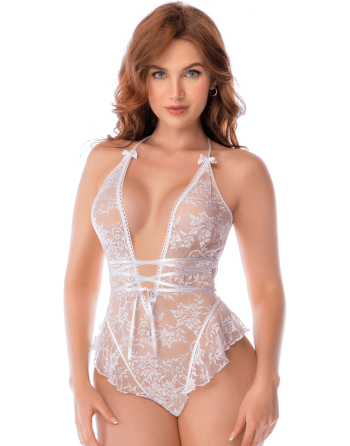 Body blanc en dentelle avec dos ouvert et encolure halter – Mapalé